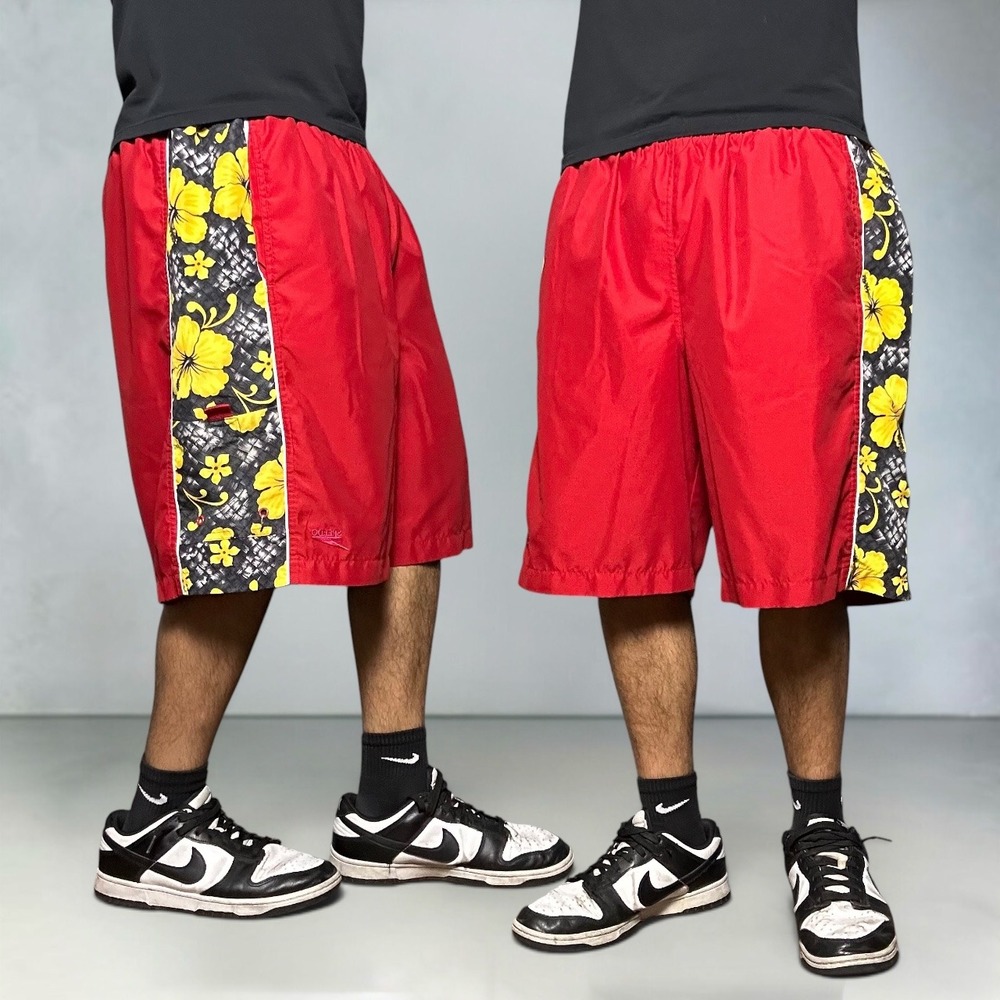 Speedo Red Hibiscus Floral Board Shorts Baggy Y2K Skater Swim Trunks Size XL